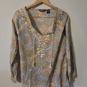 Eddie Bauer Tan Floral V-Neck Blouse